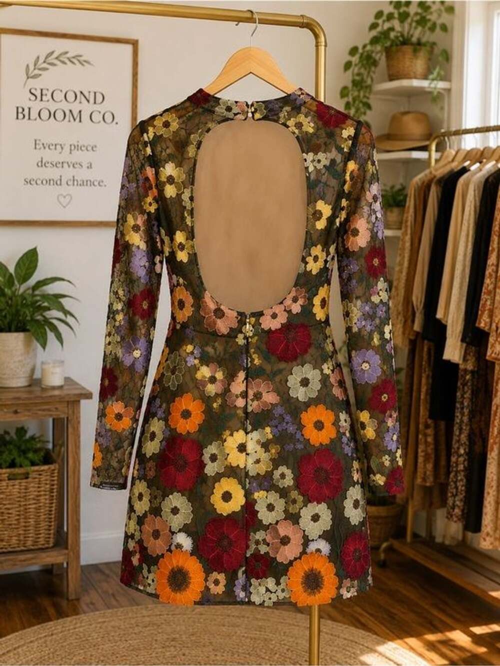 Mew Mews NWT Floral Embroidered Sheer Mesh Open Back Mini Dress - Picture 8 of 8